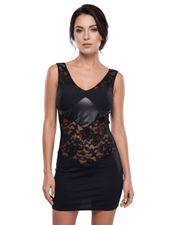 Robe cocktail empiècements dentelle et wetlook - LDW1