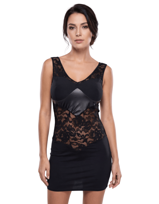 Robe cocktail empiècements dentelle et wetlook - LDW1
