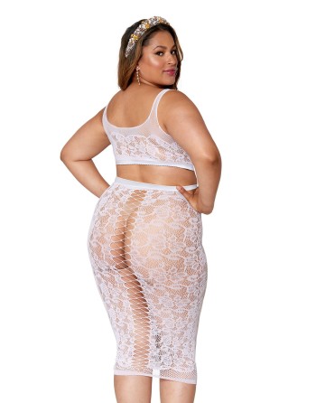 Ensemble 2 pièces grande taille, brassière résille fantaisie et jupe longue assorti - DG12921XWHT