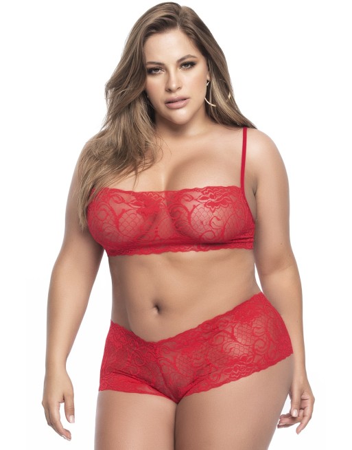 Ensemble lingerie, grande taille,  rouge top bustier et shorty dentelle   - MAL206XRED