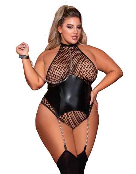 Body grande taille large résille et porte jarretelle simili cuir avec chainettes - DG12495XBLK