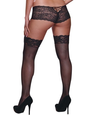 Bas résille noirs grande taille avec jarretières florales - DG0006XBLK