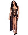 Nuisette déshabillée longue noire ouverte dentelle florale et string - ML53009BLK